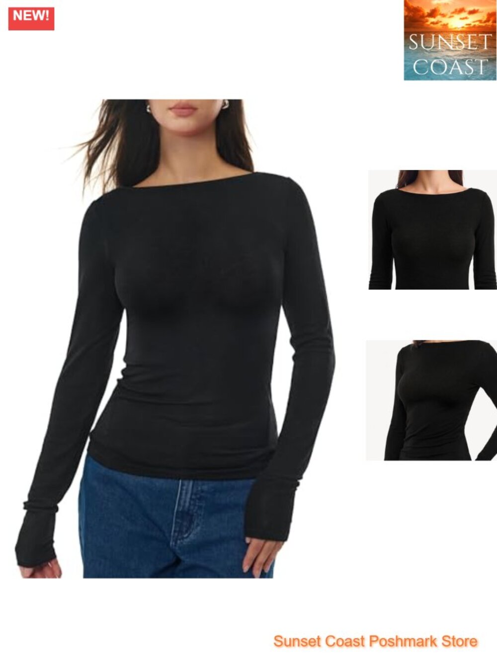 Merino Wool Blend Boat Neck Long Sleeve Fitted Top